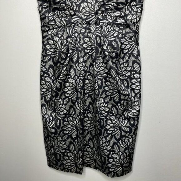 Maggy London Size 6 Black White Floral Lace Print Satin VNeck Sheath Event Dress - Picture 4 of 10